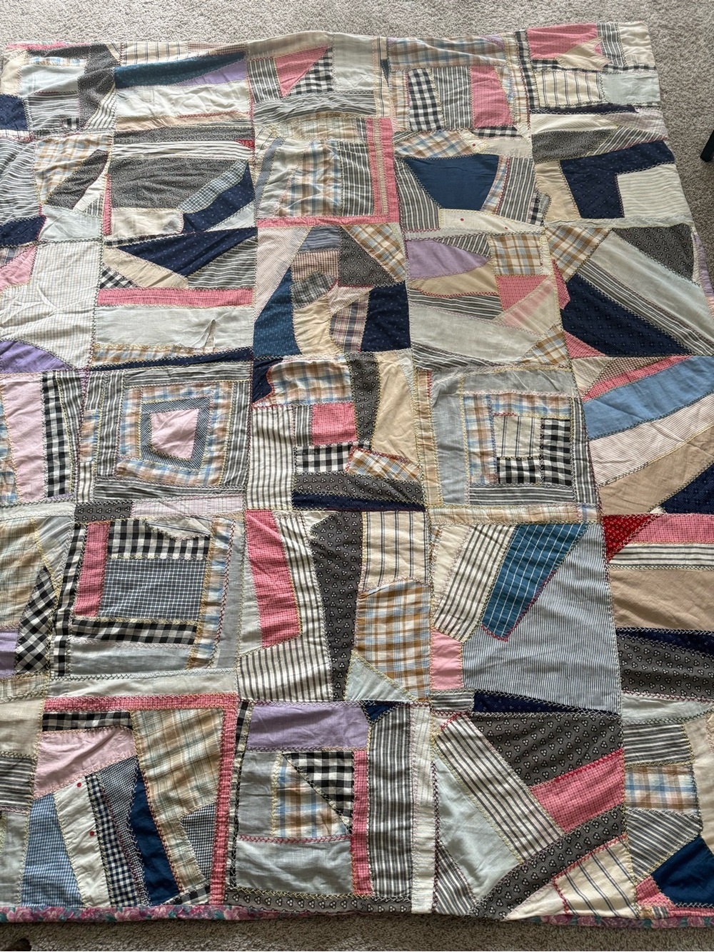 Handmade Cotton Patchwork Quilt in Pink, Blue and Cream